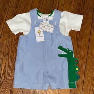 NWT Florence Eiseman shortall tshirt 2 piece set seersucker alligator white 9m
